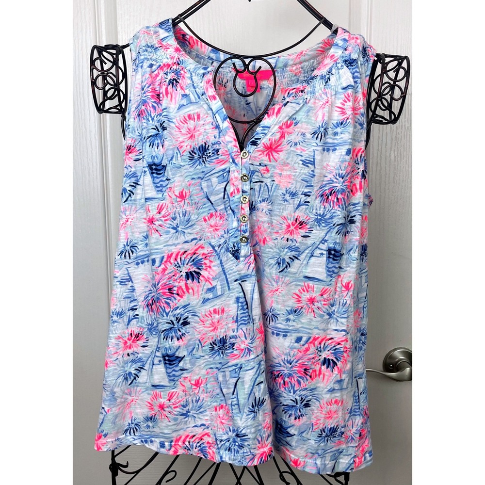 Lilly Pulitzer Blue Pink Sailboat Palm Print Sleeveless Top Large Preppy Blouse